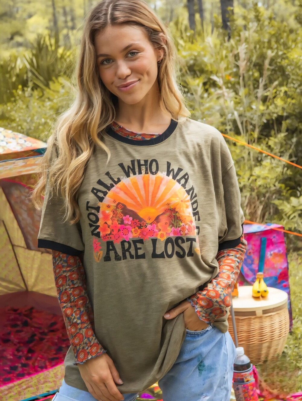 🌄EUC Natural Life "Not All Who Wander🌄Are Lost Ringer Oversized Tee Shirt" XL